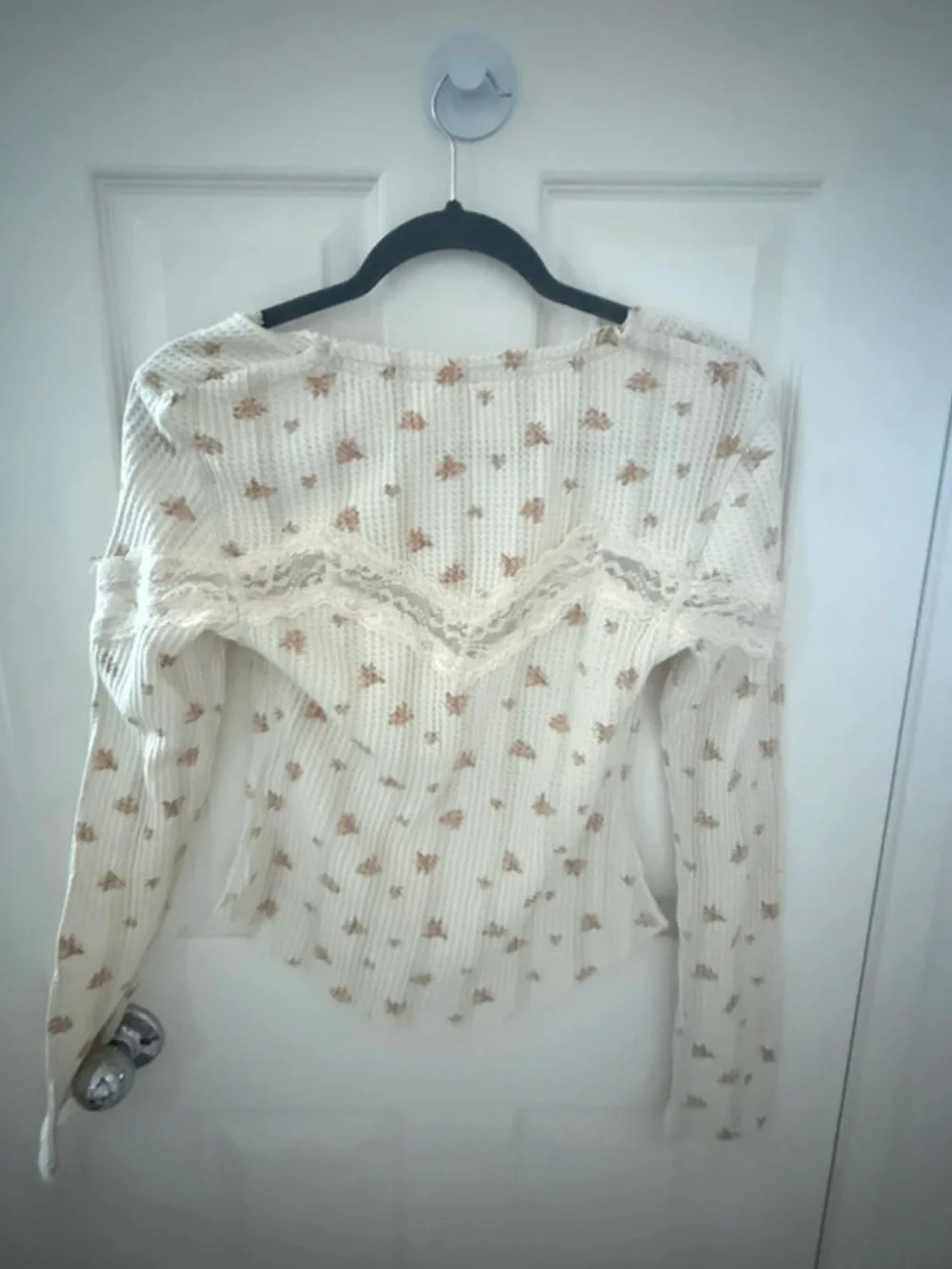 NWT Free People Cream Floral Lace-Trim Ribbed Button-Front Top